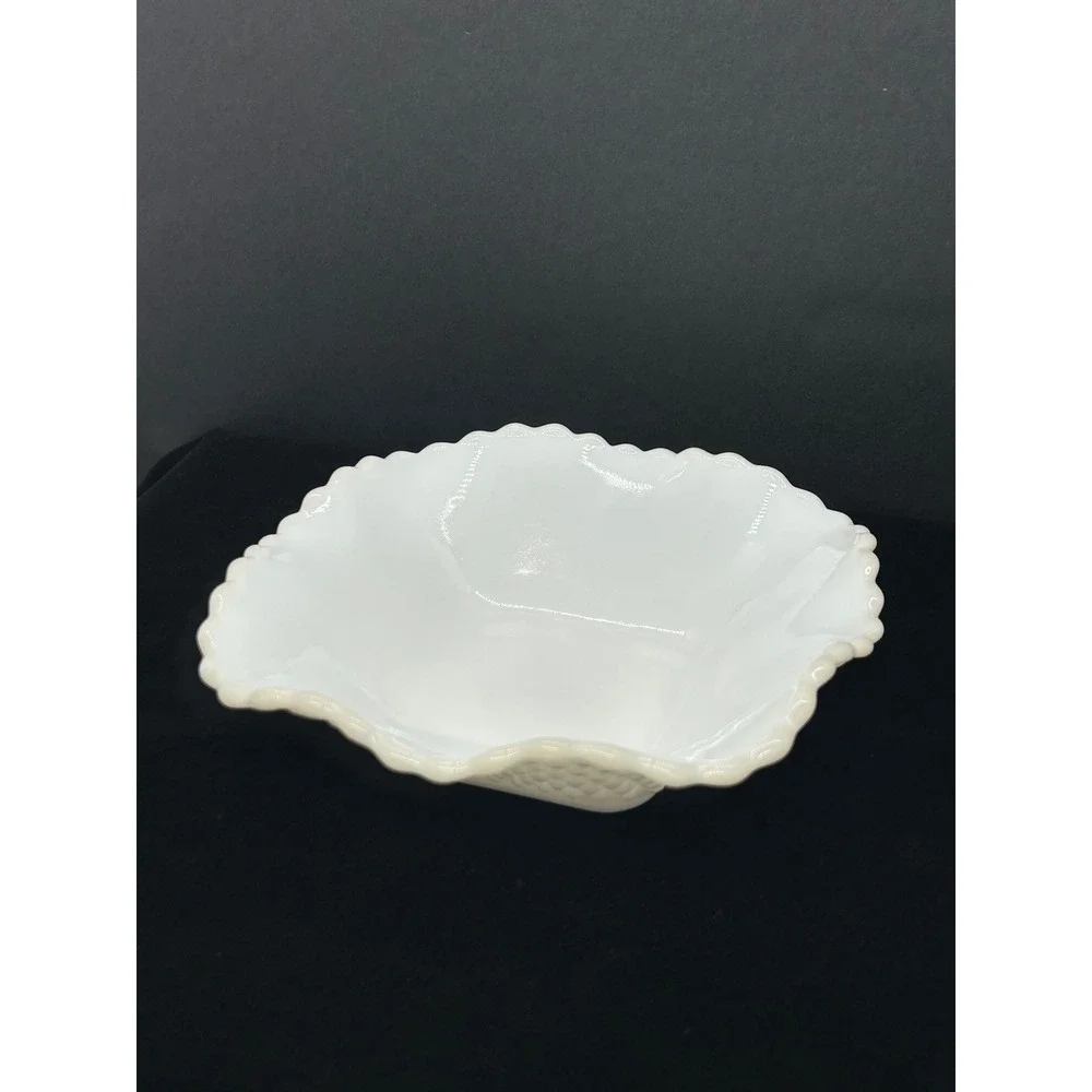 Vintage White Milk Glass Scalloped Ruffled Bowl Lattice Diamond Quilted 6.5 Inch